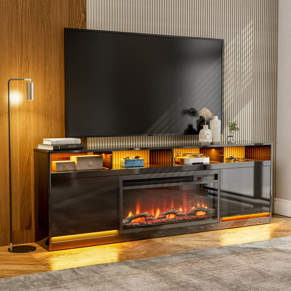 Orren Ellis Black Led Fireplace Tv Stand For 75+ Inch Tv, Modern Entertainment Centre With